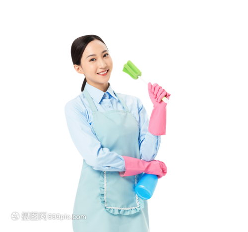 家政服務女性 專業手中的噴壺與長柄清潔刷